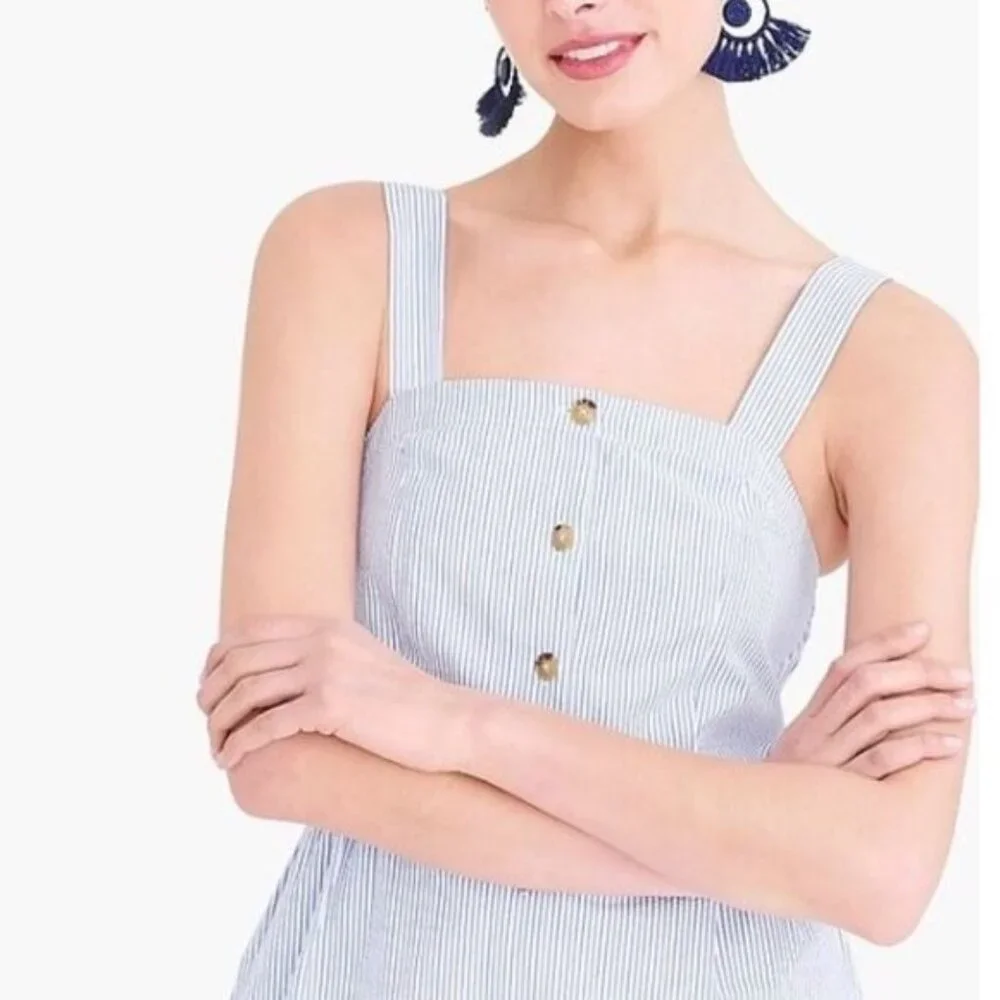 J. Crew Button Front‎ Blue White Striped Seersucker Dress Size 0